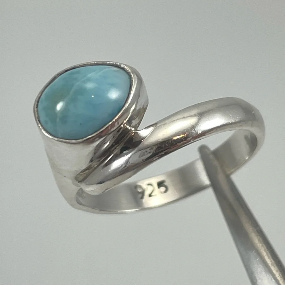 Stunning Caribbean Larimar Side Set Pear Cut 925 Sterling Silver Ring Size 8.5